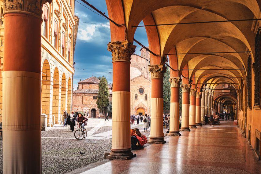 Columns and archway in Bologna, Italy