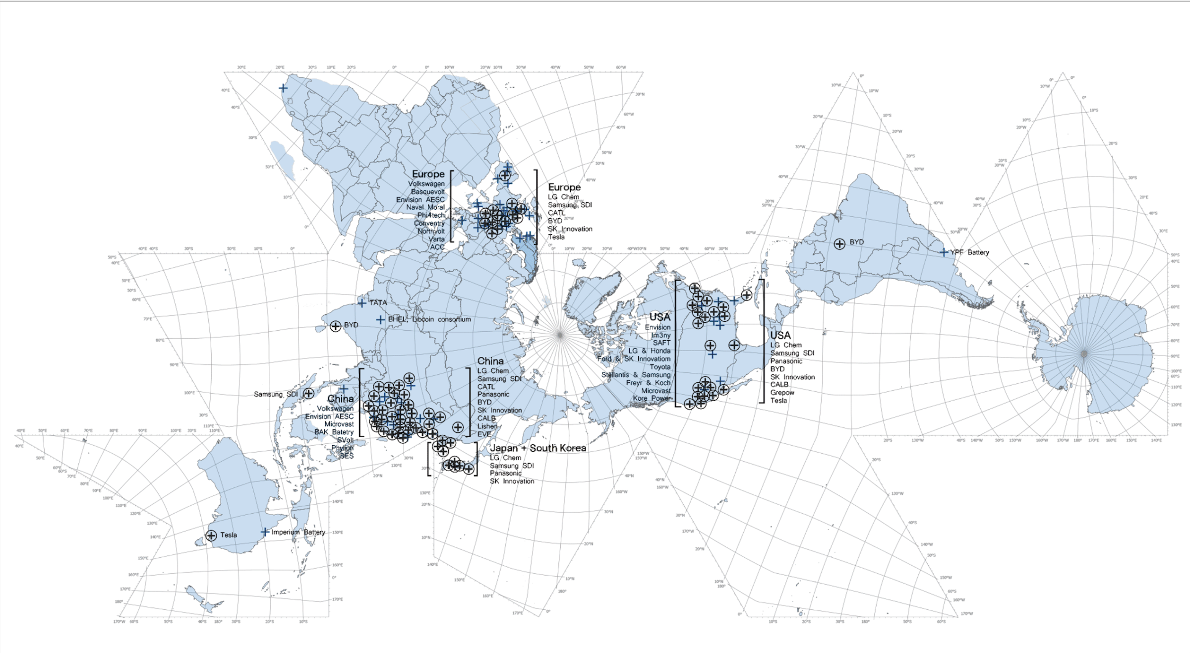 World map from perspective of the arctic with areas marked with plus signs