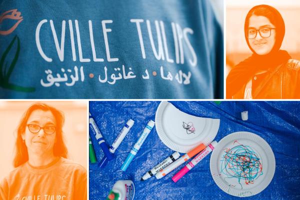 Clockwise from top left: Cville Tulips shirt, Samman Akbarzada headshot, coloring markers and paper plates, Bonnie Gordon headshot